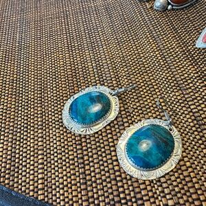 Turquoise Oval Drop Earrings in Silver-Tone Frame